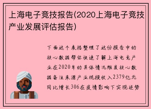 上海电子竞技报告(2020上海电子竞技产业发展评估报告)