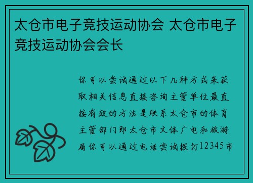 太仓市电子竞技运动协会 太仓市电子竞技运动协会会长